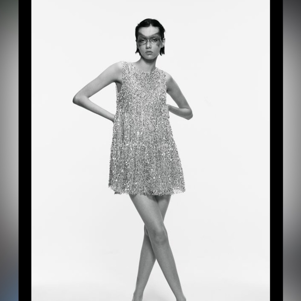ZARA LIMITED EDITION RUFFLED SEQUIN DRESS IRIDESCENT NUDE